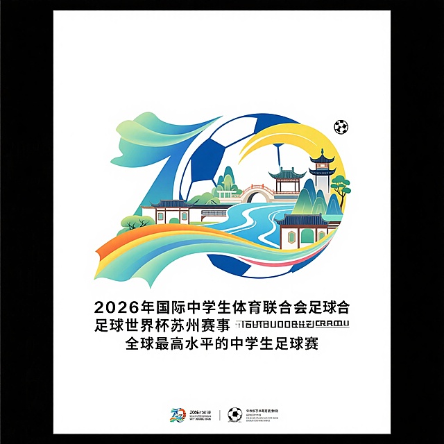 LOGO 设计，2026年国际中学生体育联合会足球世界杯将在苏州举办，这是全球最高水平的中学生足球赛，目前赛事各项筹备工作已全面启动。为成功举办一届“精彩、圆满、卓越”的青少年足球盛会。构图新颖、简洁大方、色彩明快，富有美感与视觉冲击力。需巧妙融合足球运动、青少年特征、苏州城市符号（如园林、水韵、丝绸等）及国际中体联元素。