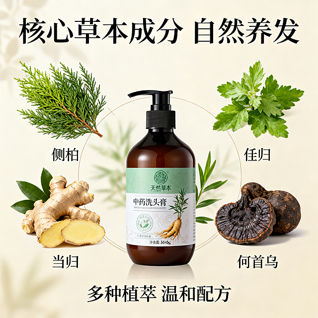 [主图 2] 中药洗头膏核心成分展示图；
[氛围风格] 天然草本，专业可信；
[画质] 商业摄影质感、光线柔和通透、产品清晰真实、画面干净高级；
[元素] 中药洗头膏瓶子居中放置，周围围绕主要天然中药材原料：侧柏叶、生姜、当归、何首乌，每种药材都清晰展示，原料新鲜翠绿健康。保持产品外观清晰真实，杜绝任何变形和色差，精细化处理。商品主体占比严格控制在 60%-80%，画面满屏无边框；
[光影] 均匀柔和自然光，每个药材都有清晰明暗层次，突出原料新鲜质感；
[配色] 主调浅米色背景，搭配自然绿植原色，清新自然不刺眼；
[视角构图] 平视居中构图，产品加环绕原料，整体稳定平衡；
[文字版式] 顶部大标题「核心草本成分 自然养发」，下方环绕四种原料，每种原料旁小字标注名称，底部副文案「多种植萃 温和配方」，文字排版清晰不遮挡主体；
[比例分辨率] 1:1 比例，2k 分辨率，文字清晰可辨，超高清；
[负向提示词] 变形，水印，文字错乱，产品图模糊，背景杂乱，医疗功效暗示，绝对化用语