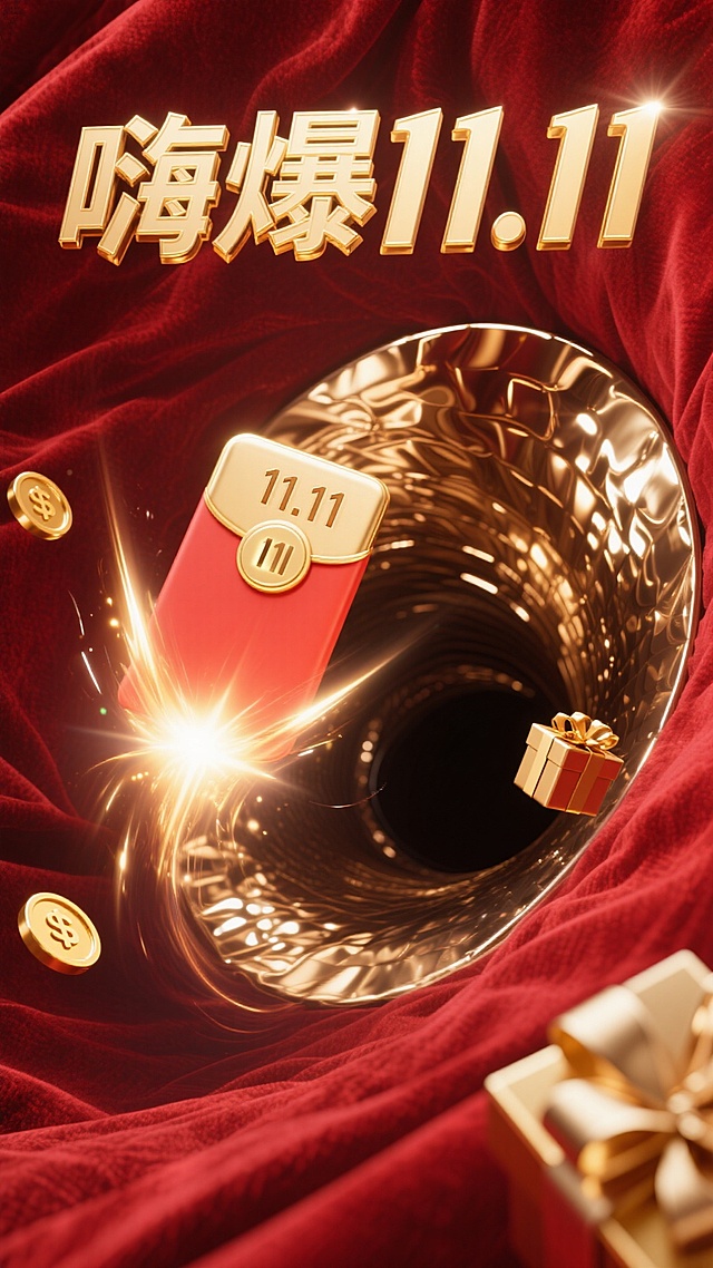 鎏金风3D海报，红绒布背景搭配金属漩涡，红包与礼盒飞入黑洞，喜庆奢华中透出科技冲击感，营造双十一狂欢氛围。