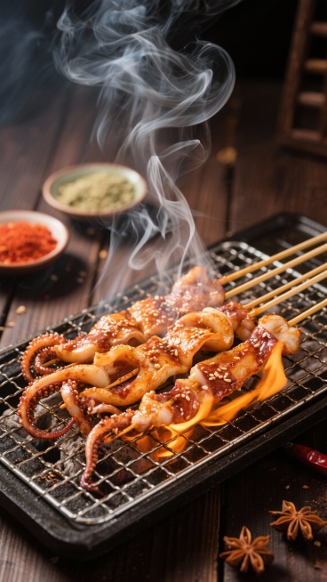 特写镜头下的铁板鱿鱼，鲜嫩多汁的肉，串在竹签上，正放在金属烤架上炙烤，熊熊火焰从烤架下窜起，舔舐着鱿鱼肉，肉的表面被烤得金黄焦香，滋滋冒着油光，撒有芝麻和香料，白色的烟雾缭绕升腾，空气中弥漫着诱人的烤预览效果