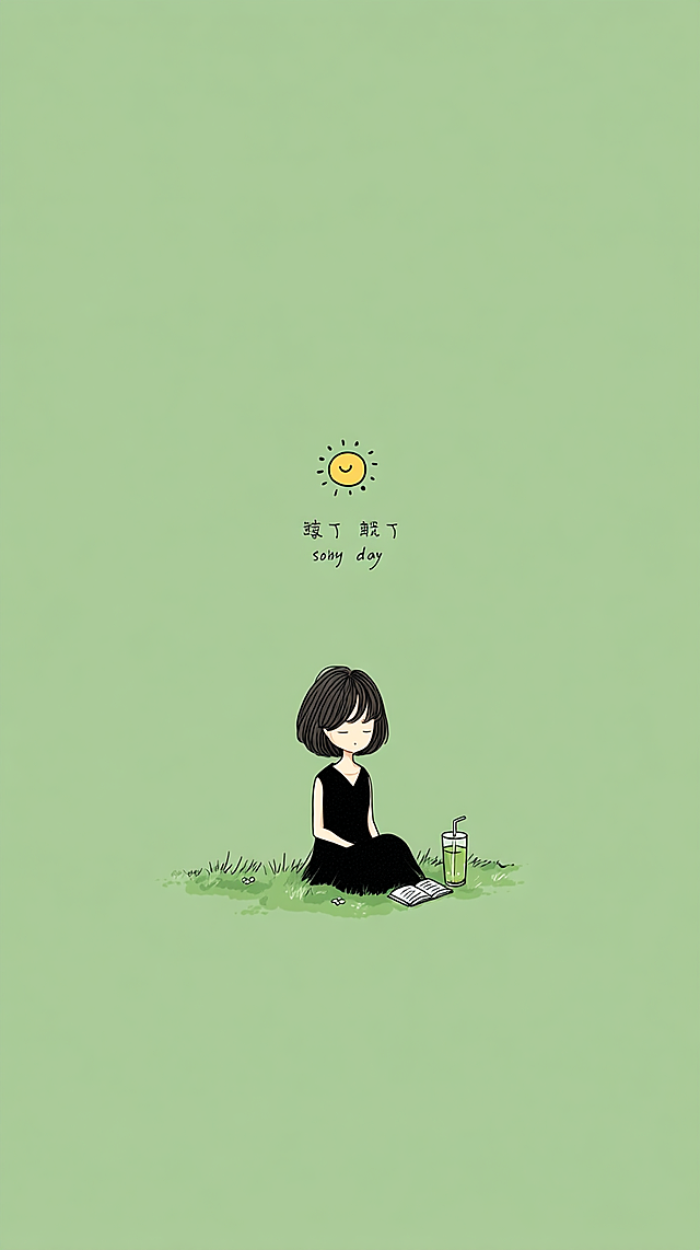 Minimalist healing flat illustration, Japanese fresh flat style, 9:16 vertical mobile wallpaper, the main body of the picture is a clean light sky and a small piece of light green grass below, keep a large area of blank space on the whole, at the bottom of the picture a short-haired villain in a long black dress sits quietly on the grass, next to her is a book and a drink, in the upper right corner of the picture there is a simple drawing sun with a smiling face, create a relaxed and gentle atmosphere, at the top of the picture there is green handwritten text "把今天过轻一点" and small English words "soft day", soft and fresh colors, low saturation color matching, pure background color, the overall feeling is light, quiet and relaxed, clean and sharp lines, no extra strokes, simple and comfortable composition, full of healing, high resolution, high-definition details, no noise --ar 9:16 --quality 2