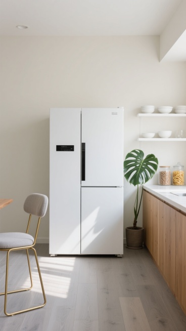 极简主义风格的白色双门冰箱位于画面中央，保持其原有形态与设计细节。冰箱周围环境改为温馨明亮的北欧风厨房一角，浅灰色木纹地板延伸至墙面，墙面采用柔和的米白色。冰箱右侧是原木色一字型橱柜，台面整洁，摆放着透明玻璃罐，内装杂粮与意面。橱柜上方悬挂着简约白色搁板，放置几只白色陶瓷碗碟。左侧靠近冰箱处有一盆大型龟背竹绿植，叶片舒展自然。画面左下角放置一把金色金属框架的餐椅，搭配浅灰色布艺坐垫。整体采用自……预览效果