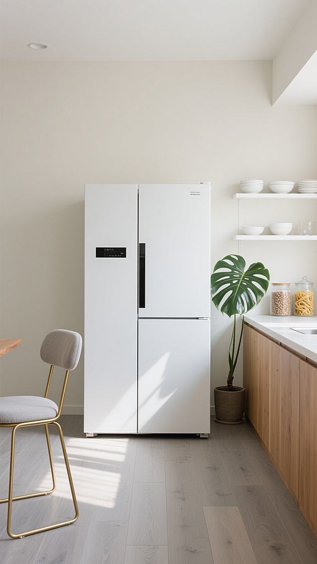 极简主义风格的白色双门冰箱位于画面中央，保持其原有形态与设计细节。冰箱周围环境改为温馨明亮的北欧风厨房一角，浅灰色木纹地板延伸至墙面，墙面采用柔和的米白色。冰箱右侧是原木色一字型橱柜，台面整洁，摆放着透明玻璃罐，内装杂粮与意面。橱柜上方悬挂着简约白色搁板，放置几只白色陶瓷碗碟。左侧靠近冰箱处有一盆大型龟背竹绿植，叶片舒展自然。画面左下角放置一把金色金属框架的餐椅，搭配浅灰色布艺坐垫。整体采用自然光线下的柔和光影，色调清新明快，营造出简约舒适的居家氛围，构图保持对称平衡，视觉焦点集中于冰箱主体，细节丰富且具有生活气息。