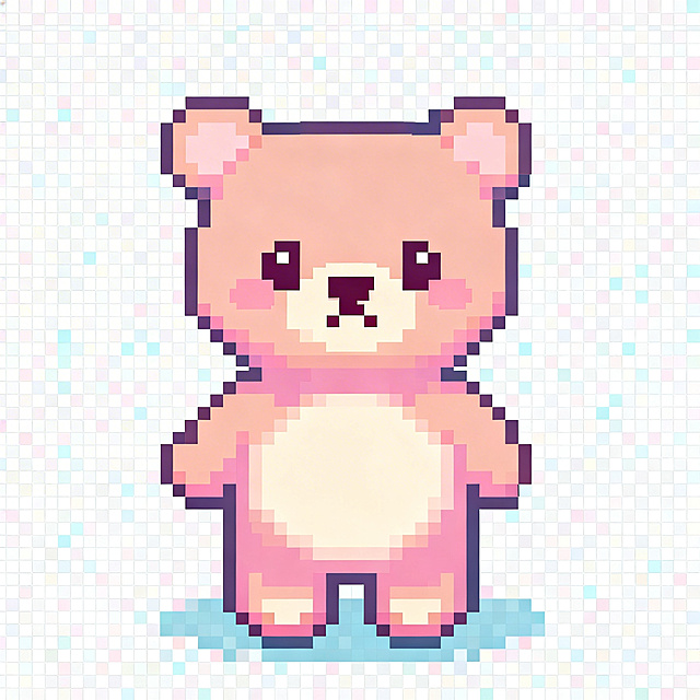 像素艺术风格小熊，可爱复古游戏美学，马卡龙色系，简洁背景，8位元，32x32网格样式