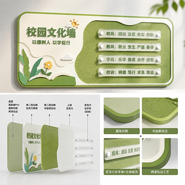设计一款校园文化墙标识标牌，底层为高密度PVC，采用圆角切割和烤漆包边工艺，第二层左侧为亚克力背喷设计，右侧为毛毡板包边，上层为亚克力材质，设置四条亚克力名字条，整体风格简约清新适配校园，清晰展示分层结构和各部分材质工艺。