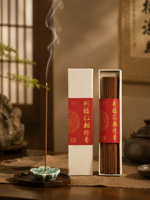 祈福红柏檀香线香，礼盒打开露出里面线香，保持产品不变形，产品标贴文字不变，搭配青瓷香插，素雅禅意桌面，中式禅房，柔和暖光，电商产品主图预览效果