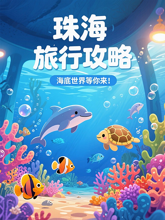 梦幻插画风，卡通海洋生物拟人化，色彩斑斓的海底世界，营造欢乐氛围。