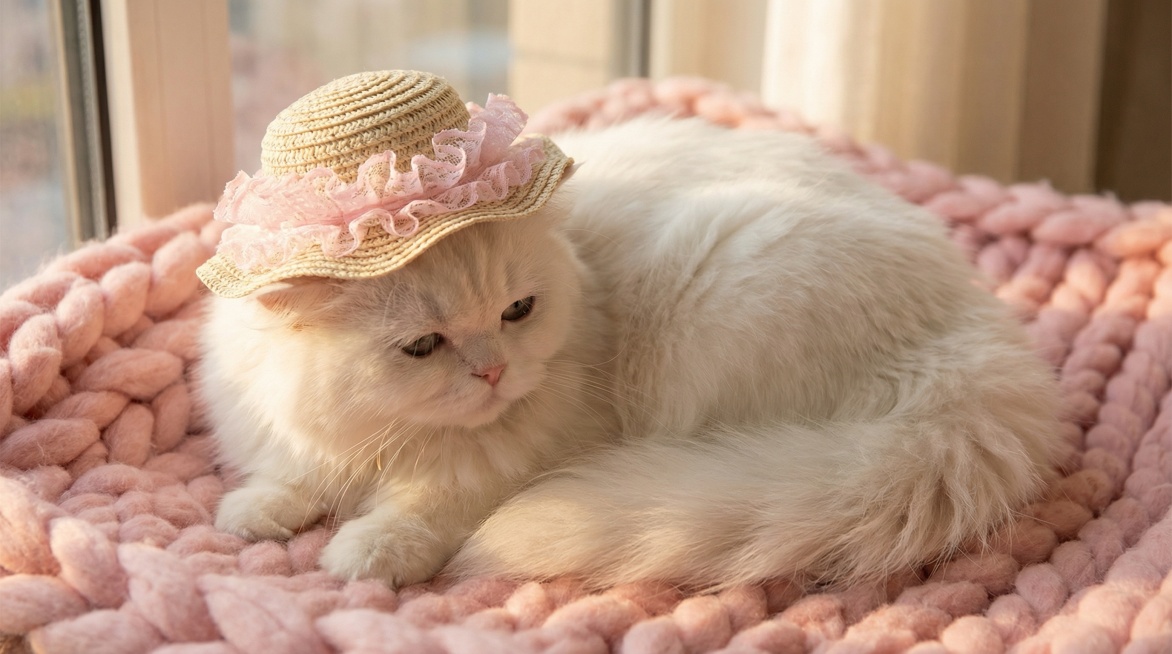 A fluffy white cat wearing the straw hat with pink lace, lying on a soft pink blanket, warm indoor l预览效果