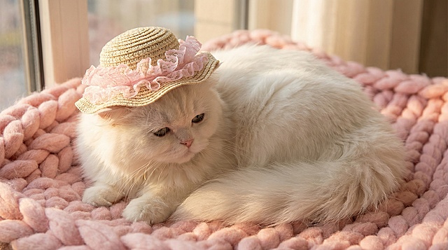 A fluffy white cat wearing the straw hat with pink lace, lying on a soft pink blanket, warm indoor lighting, sweet and cozy atmosphere, high-definition, realistic style