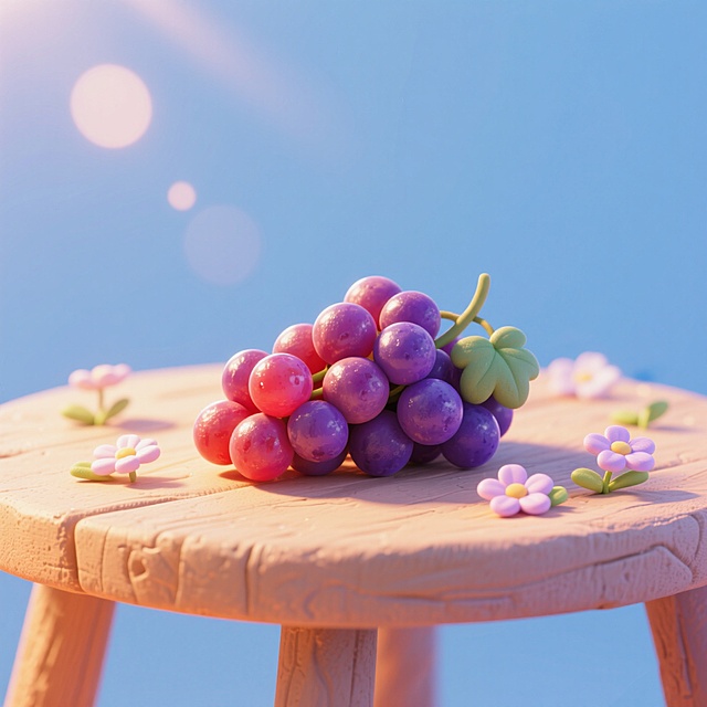 一串葡萄，放在桌子上，有阳光，小花装饰，风格清新