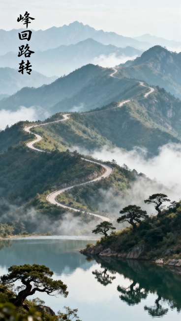 古风优美干净的描写"峰回路转"的山水画，实景，电影感，左上角加上“峰回路转”行书毛笔字预览效果