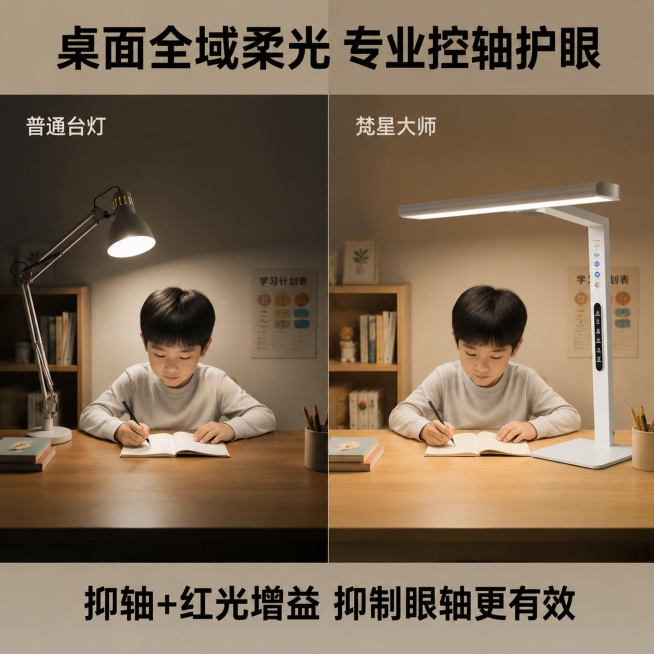 [主图-4] 梵星大师护眼台灯使用场景对比展示图，对比普通台灯突出核心优势；
[氛围风格] 直观对比，专业可信，突出产品效果；
[画质] 商业摄影质感，产品清晰真实，画面干净高级；
[元素] 左右对称预览效果