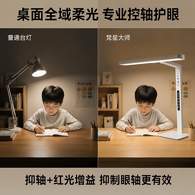 [主图-4] 梵星大师护眼台灯使用场景对比展示图，对比普通台灯突出核心优势；
[氛围风格] 直观对比，专业可信，突出产品效果；
[画质] 商业摄影质感，产品清晰真实，画面干净高级；
[元素] 左右对称构图，左侧展示普通台灯局部光照不均匀效果，右侧展示本产品桌面全域柔光均匀覆盖效果，均为儿童书桌学习场景，保持本产品外观与输入图片一致，对比清晰直观；
[光影] 左右光影统一，本产品光线均匀柔和，普通台灯光线明暗反差大，对比明显；
[配色] 保持学习场景自然配色，左侧偏暗反差，右侧均匀明亮；
[视角构图] 左右对称对比构图，同一桌面场景，相同拍摄角度；
[文字版式] 顶部大标题写"桌面全域柔光 专业控轴护眼"黑色粗体；左侧标注"普通台灯"小字，右侧标注"梵星大师"小字，结论写"抑轴+红光增益 抑制眼轴更有效"黑色粗体放在底部中央，文字清晰不遮挡对比主体；
[输出要求] 1:1比例，文字清晰可辨，超高清商业摄影质感；
[负向提示词] 变形，文字错乱，产品图模糊，背景杂乱，水印，电商平台Logo，遮挡产品主体