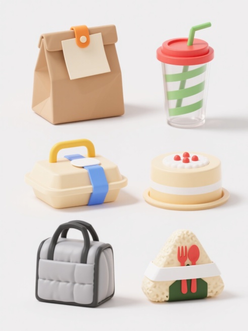 白色背景上，六个同风格不同外卖元素的3D渲染图标规整排布，每个图标均采用简约低多边形设计，柔和的米黄色调，光滑的塑料质感，轻微的高光和阴影表现，包含：1. 带橙色卡扣和空白便签的棕色外卖纸袋，2. 带绿色条纹吸管和红色杯盖的透明塑料饮料杯，3. 带黄色提手和白色标签的方形外卖餐盒，4. 带蓝色丝带和白色贴纸的圆形蛋糕盒，5. 带灰色保温层和黑色提手的长方形保温袋，6. 带红色叉勺图案和白色封条……预览效果