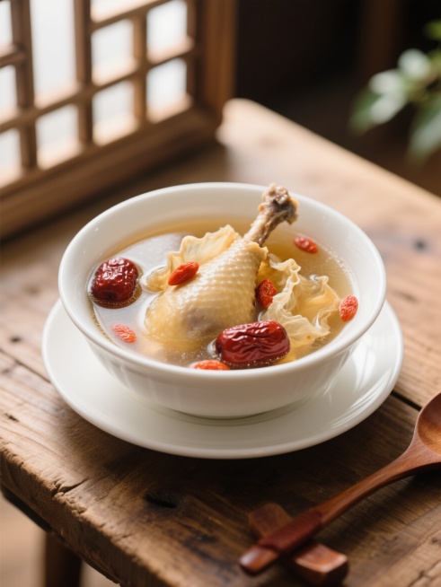 一碗花胶红枣枸杞炖鸡汤，汤色清亮温润，炖好的鸡汤里盛着大块花胶、饱满红枣和红枸杞，盛放在精致的白瓷汤碗中，放在原木餐桌上，暖调自然光，写实美食摄影风格预览效果