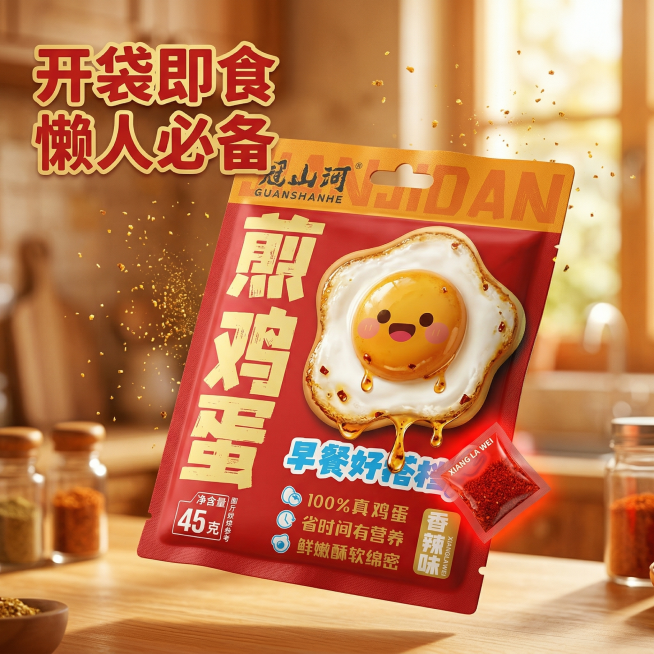 香辣味即食煎鸡蛋主图，产品倾斜悬浮在暖黄色厨房背景中，油滴从煎鸡蛋边缘缓缓滴落，动态效果增加食欲，左上角文案"开袋即食 懒人必备"，金黄色暖调光影，突出鸡蛋鲜嫩色泽，视觉冲击力强。预览效果