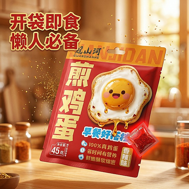 香辣味即食煎鸡蛋主图，产品倾斜悬浮在暖黄色厨房背景中，油滴从煎鸡蛋边缘缓缓滴落，动态效果增加食欲，左上角文案"开袋即食 懒人必备"，金黄色暖调光影，突出鸡蛋鲜嫩色泽，视觉冲击力强。