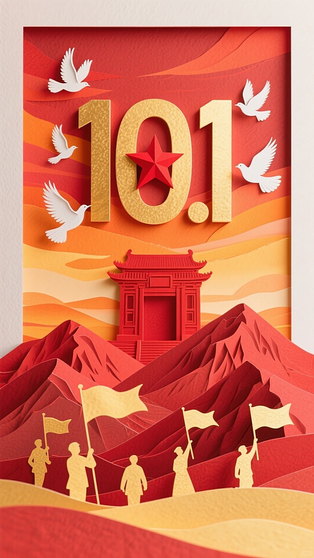 撕纸风与剪纸风结合，红金主色调凸显喜庆感与政务感，大字风“10.1”配红星，浮雕式山川、天安门与和平鸽，象征国庆盛典。