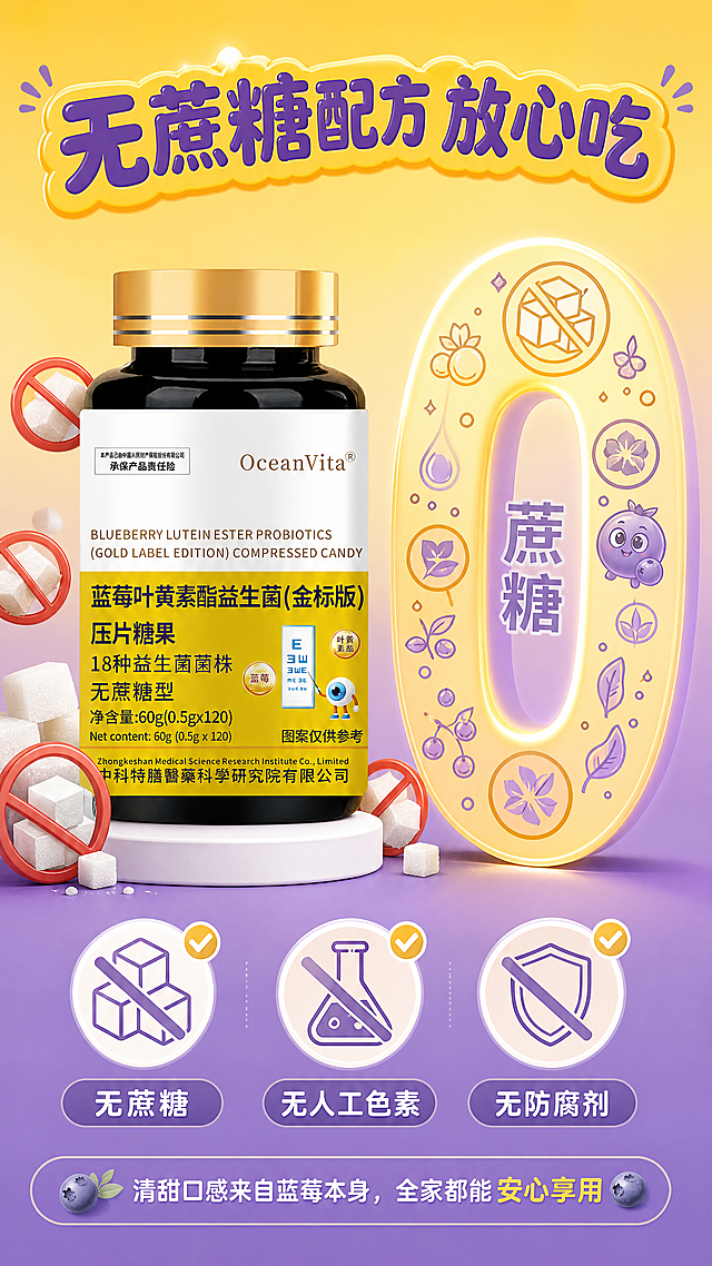 [商品] 使用【图1】OceanVita蓝莓叶黄素酯益生菌压片糖果产品；保留所有包装文字和图案；产品居中偏左，占画面约40%，正面展示。
[画面] 目标：无蔗糖干净标签页，突出健康无负担。构图：左产品右信息的左右分栏型。左侧：产品瓶身立在白色圆台上，周围环绕红色禁止符号打叉的方糖/蔗糖颗粒，象征0蔗糖。右侧：大大的'0'数字造型占视觉中心，内部填充无蔗糖相关图标。背景：上黄下紫渐变，干净明亮。底部有一排小图标展示'无蔗糖、无防腐剂、无人工色素'等干净标签元素。
[视觉] 套系策略：风格=黄紫撞色3D卡通商业风，参考【图2】活泼可爱风格；标题字=圆润粗体卡通字；正文字=简洁无衬线体；主色=明黄色+深紫色；背景延展=基于黄紫做渐变层级、同色系深浅过渡、柔和光晕质感；强调色=橙黄色，仅用于小面积图标、引线和标签高亮；标题色=深紫色+明黄色搭配；正文色=深灰紫色；组件=圆角信息卡、虚线引线、圆形图标标签；光影=顶部柔和暖光，产品底部有自然投影。
[文字] 顶部主标题：'无蔗糖配方 放心吃'（7字，深紫色粗体卡通字，黄色底衬）；右侧大'0'造型内文字：'蔗糖'（0字内嵌入）。下方3个干净标签小图标配文字：'无蔗糖'、'无人工色素'、'无防腐剂'。底部小字：'清甜口感来自蓝莓本身，全家都能安心享用'。文字横向排版，字号手机端可读。
[规格] 图片比例9:16竖版，4K分辨率，负向提示：避免变形、错字、文字过小、医疗化功效承诺、极限词、虚假宣传。