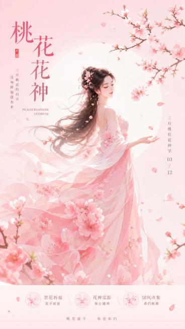 三月桃花花神海报，现代简约风格，搭配淡粉色背景，展现浪漫桃花与花神形象预览效果