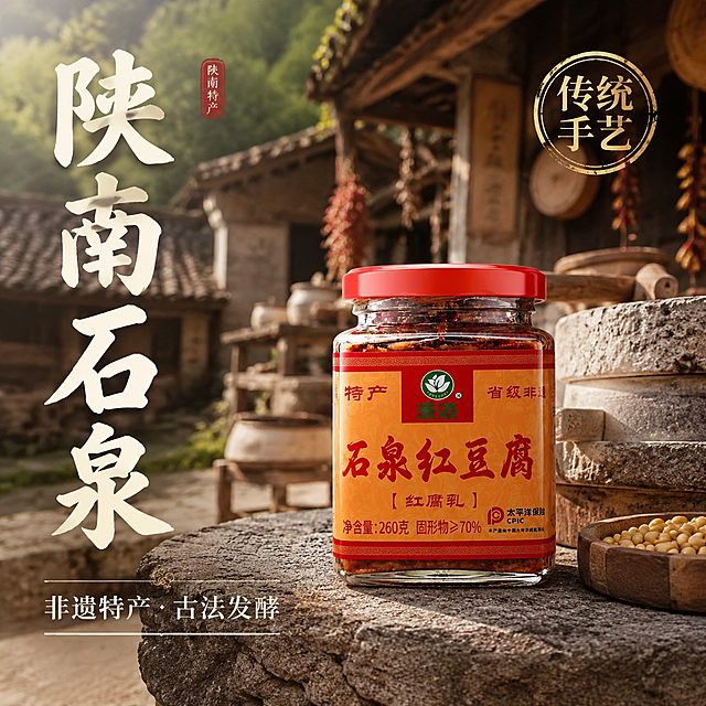使用电商主图技能生成5张比例1:1的电商主图，适配平台为拼多多，商品为「图片1」「图片1」「图片1」，商品卖点为重道石泉红腐乳，陕南石泉非遗特产，传承传统古法自然发酵。腐乳松软细腻，裹满香辣香料，豆香浓郁，咸辣适口。固形物≥70%，整块豆腐分量足。密封玻璃瓶装，开瓶即食，配稀饭、夹馒头、拌面下饭都合适。地道陕南农家风味，家常佐餐必备香辣腐乳。，风格：陕南乡土农家烟火风
