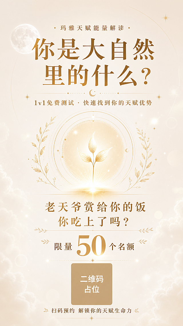 参考图的版式骨架与暖金治愈灵性氛围，替换为天赋引流测试主题的海报。米白色渐变底色，整体柔和温暖，金色文字与装饰元素。顶部小字标签"玛雅天赋能量解读"，居中大主标题"你是大自然里的什么？"金色粗体字，副标题"1v1免费测试 · 快速找到你的天赋优势"。中间发光嫩芽植物图形，周围环绕星月、金色枝叶、光斑、圆圈线条等灵性装饰元素，柔和光晕效果。中部核心钩子文案"老天爷赏给你的饭 你吃上了吗？"。下方信息区："限量50个名额"数字突出金色强调，底部二维码占位符（纯色方块中央标注"二维码占位"文字）和引导语"扫码预约 解锁你的天赋生命力"。版式精美，层级分明，留白舒适，灵性治愈风格，超高清画质。画面中所有数字必须精确渲染，不得错位、遗漏或编造。画面中所有信息区域必须填充完整合理的内容，不得出现空白框、空白占位、横线待填写区域。画面中所有二维码区域使用纯色方块占位符呈现，方块中央标注"二维码占位"文字，严禁生成任何可识别的二维码图案。