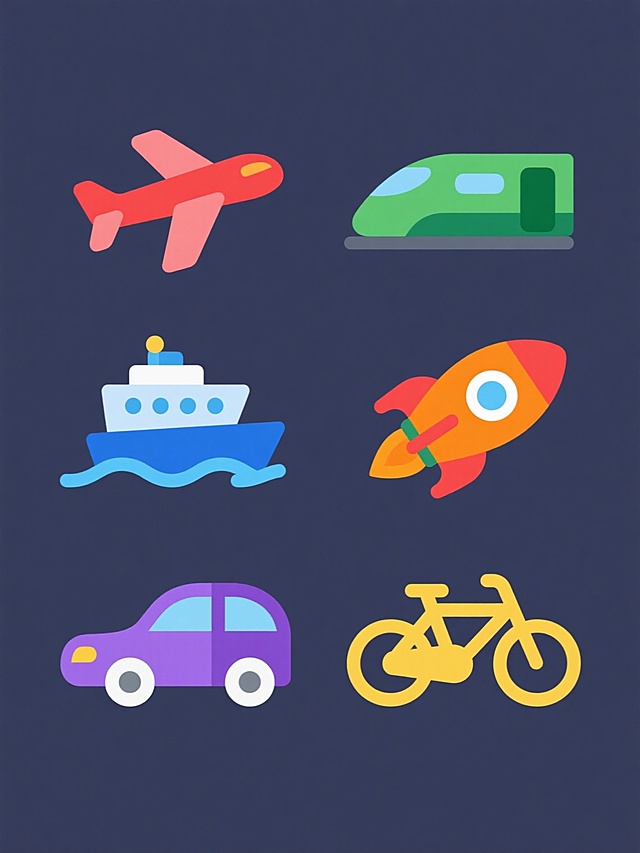 一套由6个不同元素组成的系列图标素材集合，每个图标均采用与原图一致的简约扁平化设计风格，具有光滑的轮廓线条、单色填充和无渐变的视觉特征，规整地排布在画面中。6个图标分别为：红色的飞机、绿色的高铁、蓝色的轮船、橙色的火箭、紫色的汽车、黄色的自行车，每个图标都保持与原图中高铁图标相同的简洁造型语言和动态感，背景为纯色且每个图标拥有独立的鲜明色彩，整体布局整齐有序。