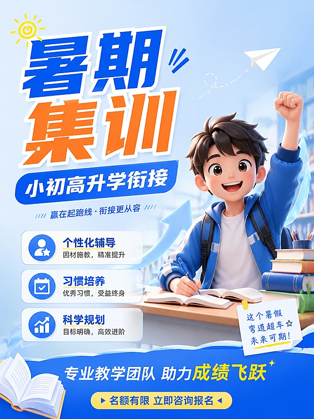 教育招生海报，主标题"暑期集训"，副标题"小初高升学衔接"，卖点：个性化辅导，习惯培养，科学规划，风格活泼教育风，浅蓝渐变背景，主标题左文右图布局，3:4比例，核心文字大字号突出，版式精美清晰