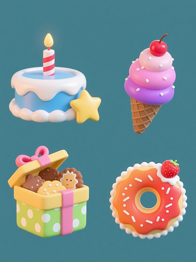 一套四个不同元素的系列素材集合，每个元素均采用圆润可爱的3D立体卡通风格，拥有光滑的表面质感和柔和的渐变色彩，高光部分明亮突出，底部带有淡淡的阴影效果，整体呈现出温馨甜美的氛围，元素被规整地排布在纯色背景上；第一个元素是一个蓝白渐变的双层生日蛋糕，顶部插着一根红白条纹的点燃蜡烛，旁边有一个黄色星星形状的饼干，蛋糕表面覆盖着白色奶油，边缘有波浪形花纹；第二个元素是一个粉紫渐变的三层冰淇淋甜筒，最上面是一个粉色的樱桃，甜筒表面有白色的糖粒，每一层冰淇淋的颜色由下至上逐渐变浅，底部是棕色的脆筒；第三个元素是一个黄绿渐变的圆形饼干礼盒，礼盒上系着一个粉色的蝴蝶结，礼盒表面有白色的波点图案，礼盒的盖子微微打开，露出里面的几块不同形状的饼干；第四个元素是一个橙红渐变的圆形甜甜圈，甜甜圈表面覆盖着橙色的糖霜，上面撒着白色的糖屑，中间的孔洞周围有一圈白色的奶油花边，顶部放着一颗红色的草莓。