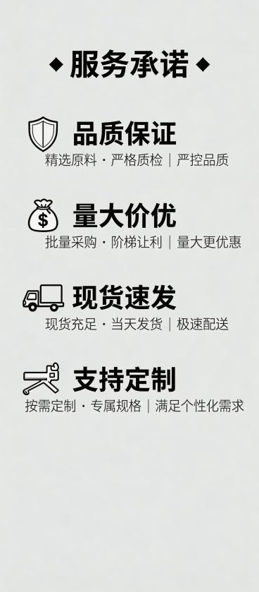 重新生成PL系列弯头快接淘宝详情页服务承诺结尾图，尺寸符合淘宝详情页规范，宽度790像素，高度1800像素，背景简洁，展示“品质保证 量大价优 现货速发 支持定制”四项服务承诺，搭配简约图标，整体排版预览效果