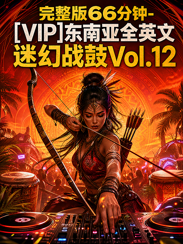 迷幻战鼓专辑封面，标题文字"完整版66分钟-[VIP]东南亚全英文迷幻战鼓Vol.12"，弓箭手女战士形象打碟，整体橙红色背景，热带东南亚电音场景，暖调迷幻橙红灯光，活力动感氛围，画面不带有伽罗文字