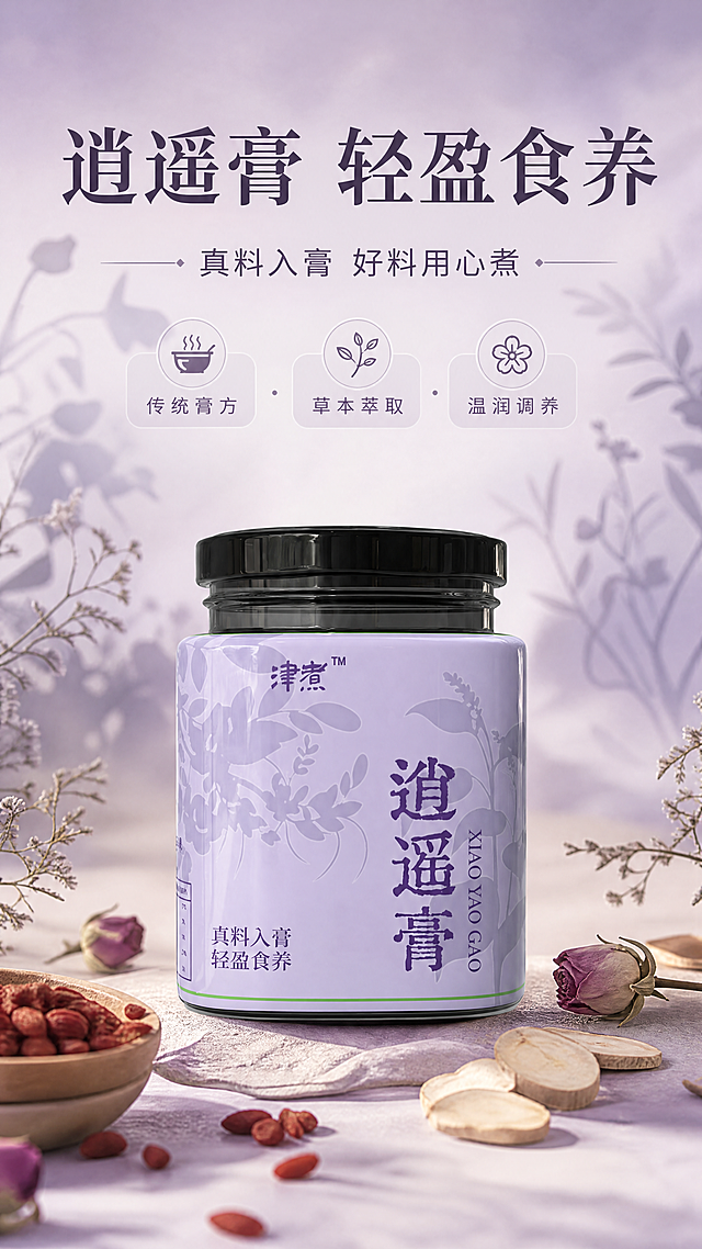 [商品] 使用【图1】津煮逍遥膏玻璃罐瓶装正面；保留淡紫色瓶身、黑色瓶盖、"津煮TM"品牌名、"逍遥膏"大字、"XIAO YAO GAO"拼音、"真料入膏 轻盈食养"小字、植物剪影花纹、绿色底边线条；瓶身结构、颜色、材质、文字全部保真，不做任何改写。
[画面] 页面目标：头图海报，建立轻盈食养的东方养生第一印象。构图为上文下图，产品位于画面中下区域，占画面约55%，瓶身正面朝向观众略偏右15度；前景有干草本植物（玫瑰、枸杞、茯苓片）散落点缀，中景为产品主体，背景为淡紫色渐变柔雾+隐约植物剪影，≥3层视觉层次。阅读动线从上至下。
[视觉] 套系策略：风格=东方雅致轻养生商业摄影风；标题字=宋体衬线粗体（优雅古风）；正文字=简洁无衬线体；主色=淡薰衣草紫；背景延展=基于淡紫做深浅层级、同色渐变和细腻宣纸/雾面质感，局部加入植物剪影暗纹；强调色=深紫灰，仅用于小面积图标、引线和标签；标题色=深紫灰；正文色=中紫灰；组件=圆角浅紫信息卡、细线引线、植物小图标；光影=左前侧柔暖自然光，柔和阴影，产品通透有质感。
[文字] 上方留白处横排主标题「逍遥膏 轻盈食养」（8字），副标题「真料入膏 好料用心煮」（10字），下方3个短卖点横排：「传统膏方」「草本萃取」「温润调养」；文字不遮挡瓶身主体和"逍遥膏"大字。所有文字横向排版。
[规格] 图片比例9:16竖版，4K分辨率，负向提示：避免变形、错字、文字竖排、文字过小、冷蓝背景、瓶身颜色改变、包装文字错乱、医疗功效表述、二维码、水印。
