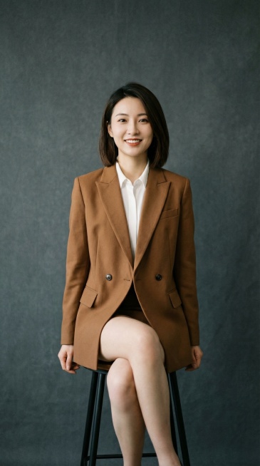 生成一个，齐肩短发干练非常漂亮明星样，27岁左右的中国美女，身穿棕色西服，内搭白色的衬衫，双腿并拢，正面对镜头，坐在高脚凳上，背景整块是商务风格暗灰色布质墙预览效果
