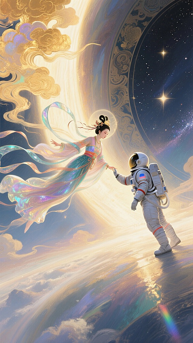 对角线构图，画面左侧嫦娥斜飞在天空（披帛向右飘）向下与宇航员互动，背景左侧暖金祥云光晕、右侧星河与国风圆形元素，光影从中心向四周扩散。古今对话、跨越时空的奇幻浪漫感。