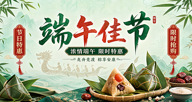传统国风端午节轮播图，主标题“端午佳节”，副标题“浓情端午 限时特惠”，装饰文案“龙舟竞渡 粽享安康”，卖点“节日特惠 限时抢购”。整体采用传统国风设计，融入粽子、龙舟、粽叶等端午元素，营造粽香节日氛围。画面版式精美，主标题居中醒目，副标题在下方，卖点标签分布在两侧留白区域，四周保留安全边距，文字清晰可读不遮挡主体元素。色彩采用传统青绿+朱红配色，饱和度适中，整体氛围喜庆祥和，符合端午节主题。背景为浅渐变青色，点缀浅棕色龙舟轮廓和粽叶纹理，前景摆放真实感粽子作为装饰，光影柔和自然，景深适中，整体风格简洁大气适合电商轮播展示。