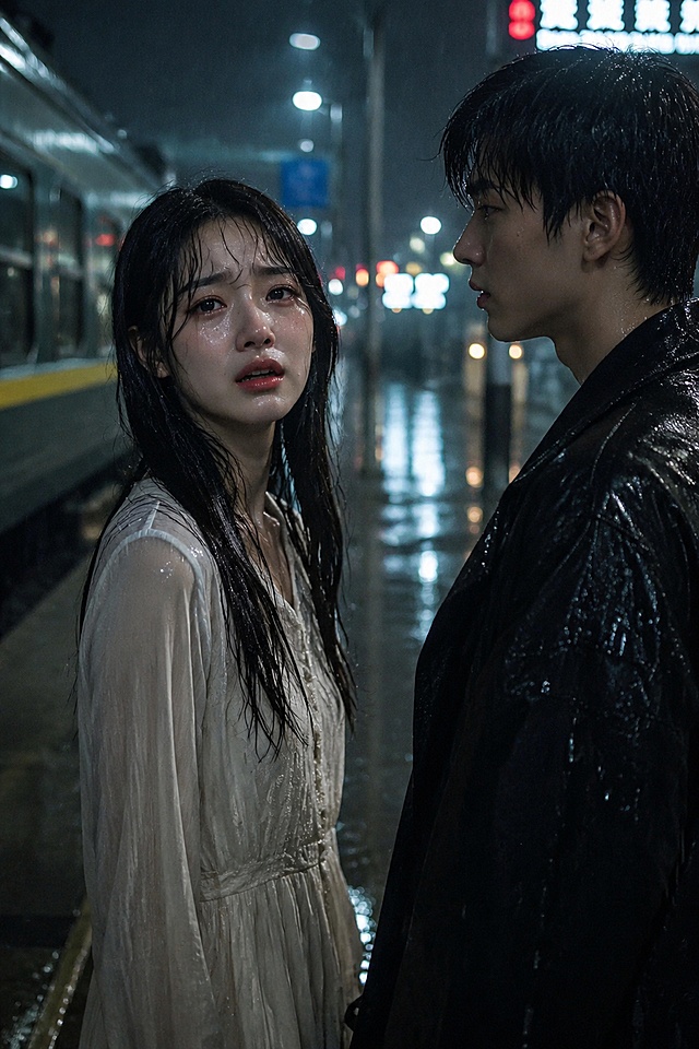 写实美术风格，雨夜火车站场景，一对恋人爱而不得的崩溃画面：女生为正面照，男生为侧脸，两人之间充满眼神拉扯，传递出爱而不得的悲伤与崩溃情绪，雨水打湿的环境，火车站台氛围感，写实光影