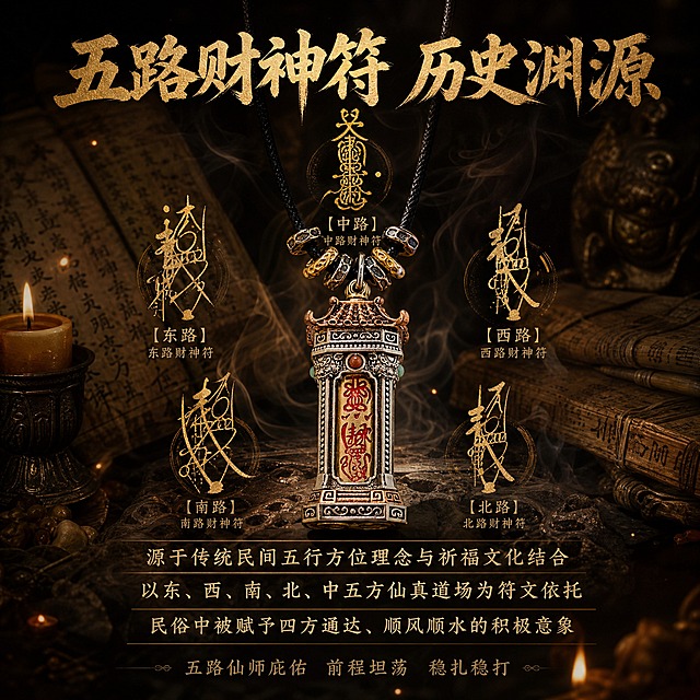 淘宝天猫电商主图，1:1正方形，深色中式场景背景，暗调古风，古卷古籍纹理背景，烟雾缭绕，暖金色烛光氛围。画面主体为五路财神符吊坠居中，周围环绕五路财神符文图案（东、西、南、北、中五方符箓），用金色线条绘制五组符文围绕产品排列。画面上方大字标题："五路财神符 历史渊源"，下方分三段文字介绍："源于传统民间五行方位理念与祈福文化结合"、"以东、西、南、北、中五方仙真道场为符文依托"、"民俗中被赋予四方通达、顺风顺水的积极意象"，底部小字："五路仙师庇佑 前程坦荡 稳扎稳打"。整体深色中式国潮风格，古朴神秘，商业海报质感，不出现包装盒和送礼相关元素。