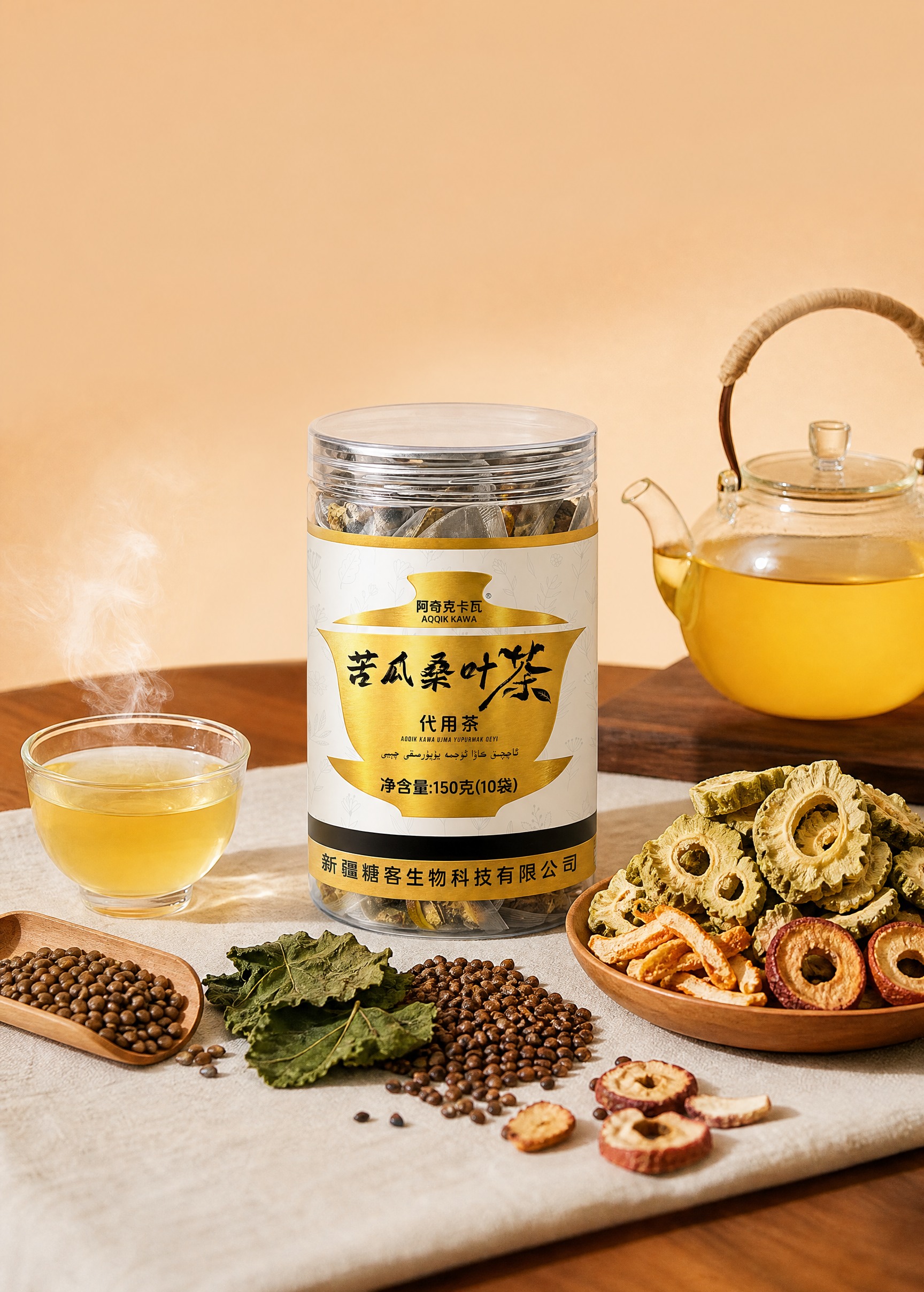 以第一张图的暖橙色背景、木质桌面、米色餐布、左侧冒着热气的玻璃… - 图片创意预览