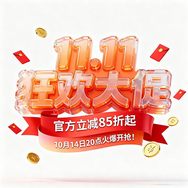 电商促销艺术字风格，居中构图，平视视角，纯白色背景，画面主体是立体效果的透明橙色渐变“11.11狂欢大促”艺术字体，字体造型饱满富有层次感，字体下方有红色渐变丝带，丝带上写着白色“官方立减 85折起”和“10 月 14 日20 点火爆开抢!”文字，周围点缀红色小红包和金色圆形硬币装饰，整体热烈欢快的双十一大促氛围，突出优惠与紧迫感