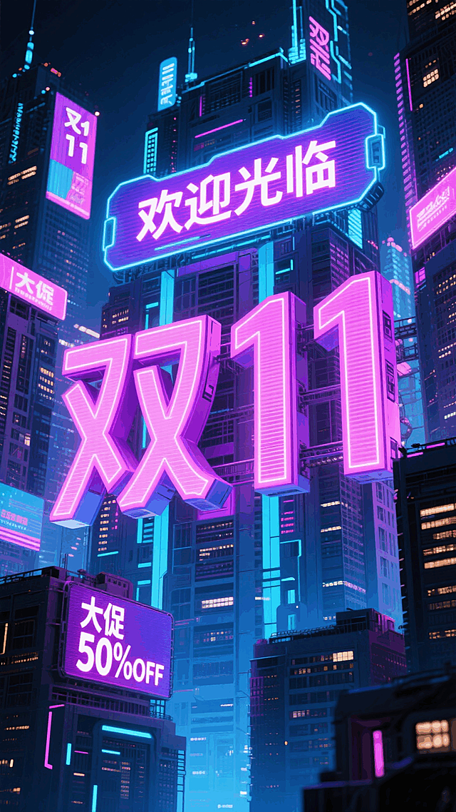 赛博朋克风格的未来城市夜景：发光的“双11”字形的机械大楼上方霓虹文字广告牌“欢迎光临”立在中间。高耸摩天楼布满密集，周围带有“大促”“50%OFF”等促销信息的霓虹招牌。紫、粉、蓝等鲜亮霓虹交织，搭配全息投影显示，繁华的科幻科技城市