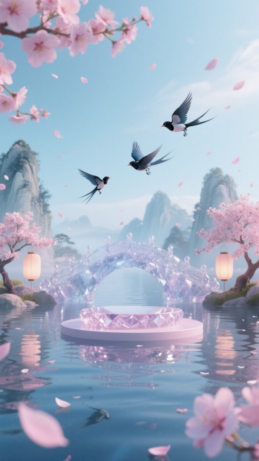 画面主体：水晶圆形展台，背景：波光粼粼的水面上，悬着一座精致的水晶鹊桥，前两侧两侧挂灯笼，前两侧开满了桃花，花瓣于空中漫天飞舞，片片散落在水面上。画面要有景深感，圆形展台于画面正中央 2/3 偏下位置预览效果