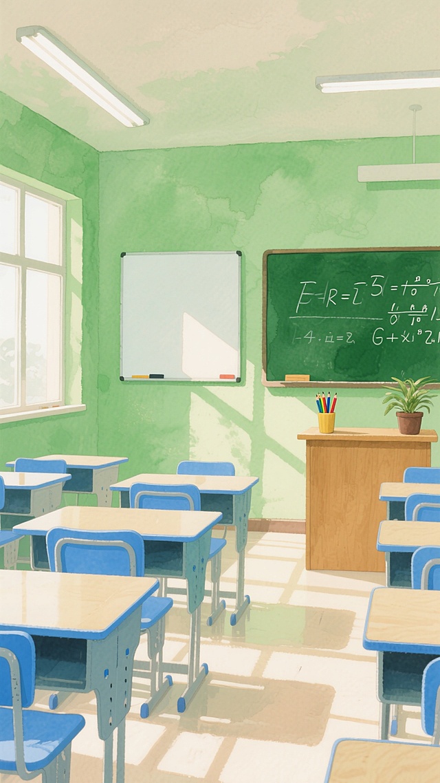 明亮的教室内部，采用温暖的水彩风格绘制，绿色墙壁上挂着空白白板，左侧有绿色黑板写着数学公式，木质讲台上摆放着彩色铅笔筒和盆栽，整齐排列的蓝色课桌与浅色桌面延伸至远方，阳光透过窗户在地面投下斑驳光影，天花板上的长条形灯管发出柔和光芒，整体画面充满清新通透的艺术感，笔触轻盈带有水痕晕染效果，色彩明快且富有层次感。