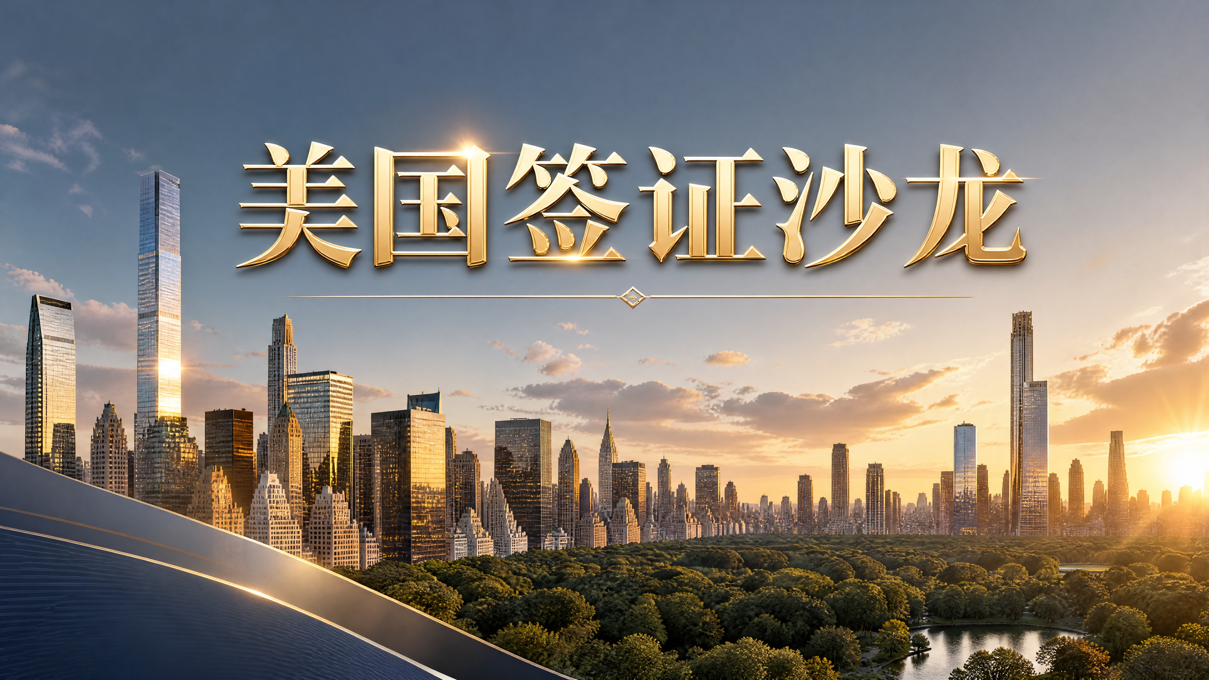 高端美国签证沙龙PPT首页，横版16:9。画面中上方鎏金立体大… - 图片创意预览