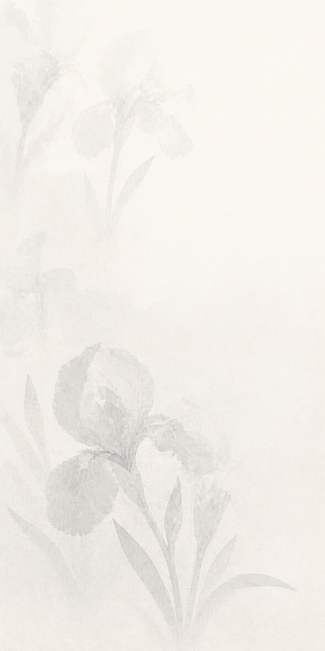 去掉画面右侧那朵较大的鸢尾花及其花茎和叶片，移除后用周围的浅米色背景纹理自然填充，保持整体画面的简约清新风格、浅灰调朦胧质感和构图平衡，其余鸢尾花和背景纹理保持不变