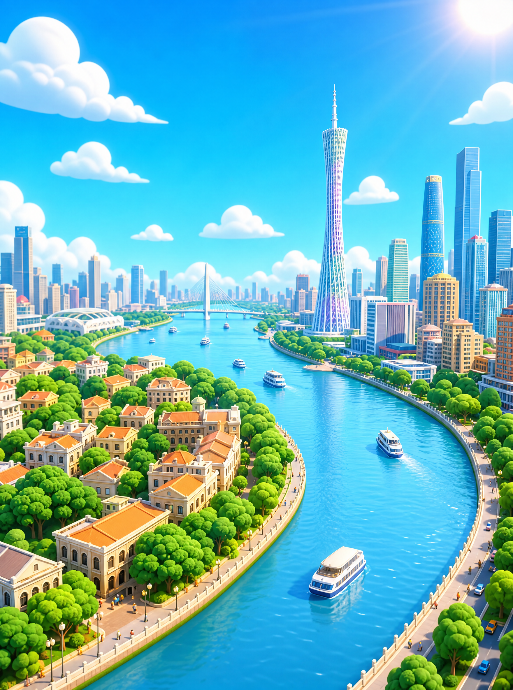 将这张广州城市风景照片转换为Q版卡通插画风格，时间改为白天晴朗… - 图片创意预览