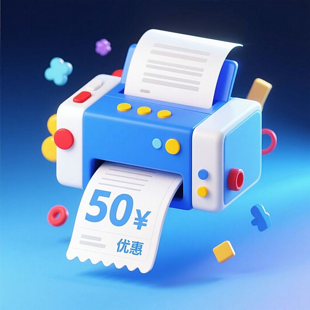 打印机正打印出50元黄色优惠券；打印机旁有蓝白配色部件、带黄与红的装饰，打印机呈现完整，整体色彩明亮清新