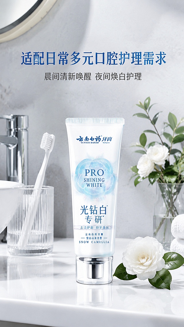 使用商品详情页技能根据商品图「图片1」「图片1」生成详情页，参考图为，商品名称为云南白药光钻白PRO牙膏，卖点为云南白药光钻白PRO牙膏,依托云南白药百年医药研发积淀，将专业制药科技融入口腔焕白护理，打造集抗渍、抗损、美白、清新于一体的专业口腔护理产品，专属雪沁山茶高端香型，以多重实证功效实现焕白与护齿双效兼顾，为牙齿带来高阶钻白光感，兼顾口腔健康与美学体验，适配日常多元口腔护理需求。【核心功效】1.护口有方——添加云南白药提取物，口腔健康护理有方不是一支基础的美白牙膏，特别添加云南白药提取物，帮助强韧口腔健康屏障，减轻牙龈出血、牙龈肿痛、口腔黏膜损伤等口腔问题，有效抵御麻辣热烫、酸甜重口饮食刺激，无惧日常饮食困扰，想吃就吃，为牙齿焕白筑牢口腔健康根基。2.钻白闪耀——3抗美白配方，3天焕白10个色阶搭载3抗美白配方，精准实现抗渍、抗牙结石、抗牙菌斑，有效瓦解外源性牙渍，抑制牙菌斑与牙结石堆积，经实证3天提升10个美白色阶，让牙齿呈现通透钻白光感，亮白更持久。3.治愈系情绪香氛——雪沁山茶，分层留香取自云南，定制高端专属香型「雪沁山茶」，采用轻奢调香工艺打造清冽淡雅的白山茶前调、清爽提神的椒样薄荷+留兰中调，以及温润高级的冰岛白茶+天竺葵后调，香气层次丰富、留香持久，温和不刺激口腔黏膜，悦己、自信、闪耀、自然、自由。，适配平台为淘宝/天猫，图片比例为9:16，需求屏数为8张，
