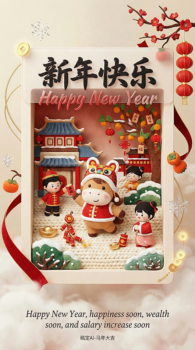 软3D粘土风微缩场景，卡通萌趣牛年主角，喜庆红金配色，拼贴式节日元素，营造温馨可爱的新年氛围。