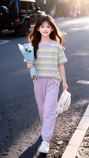 用图1的短袖和裤子替换图2的人物穿的衣服裤子，保留原场景光影，保持图2的人物的五官和发型不变，图片宽高尺寸不变，背景不变，鞋子不变，人物姿势不变，保持图1的短袖和裤子的款式材质不变和颜色不变预览效果