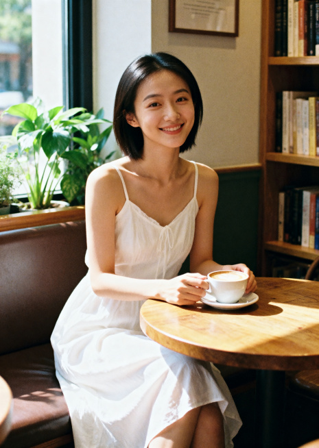 一位长相酷似周迅的年轻美女，穿着连衣裙，青春靓丽，坐在咖啡馆中喝咖啡，氛围轻松惬意，画质清晰，光影自然预览效果